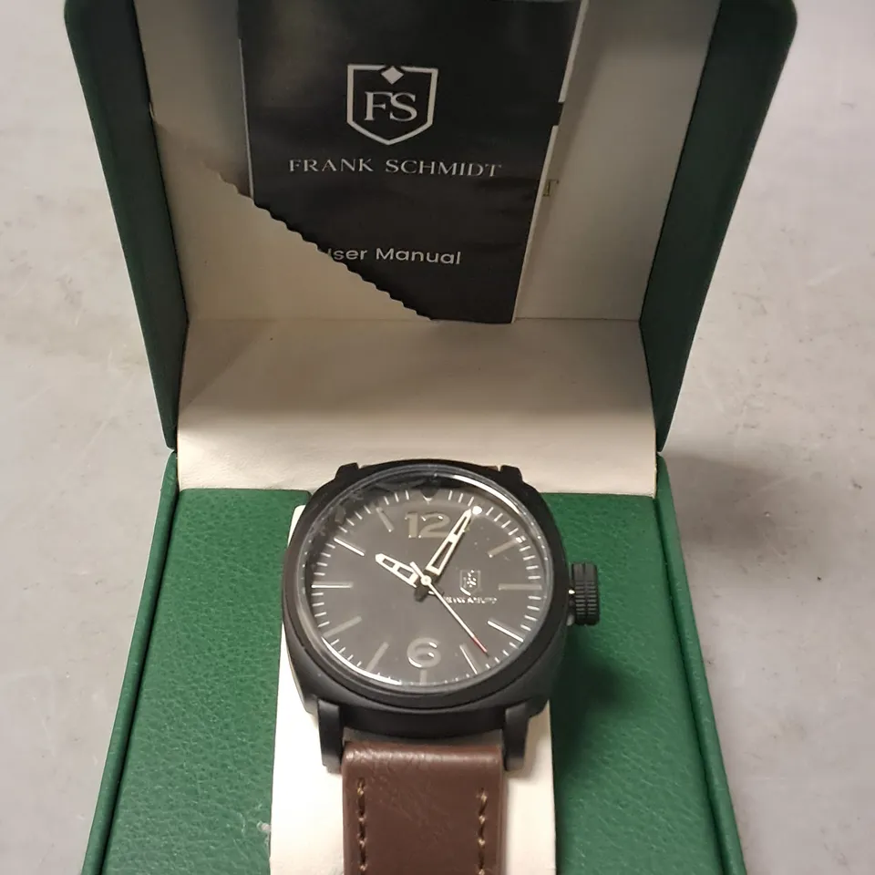 FRANK SCHMIDT STAINLESS STEEL WATCH WITH BLACK BODY AND BROWN LEATHER STRAP 