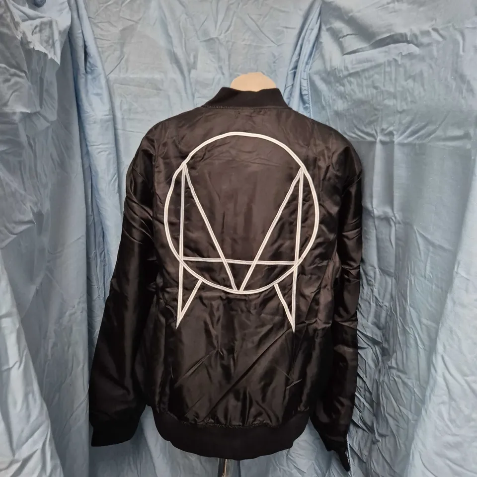 LONG CLOTHING BOMBER JACKET – BLACK SATIN, ORANGE LINING, XL