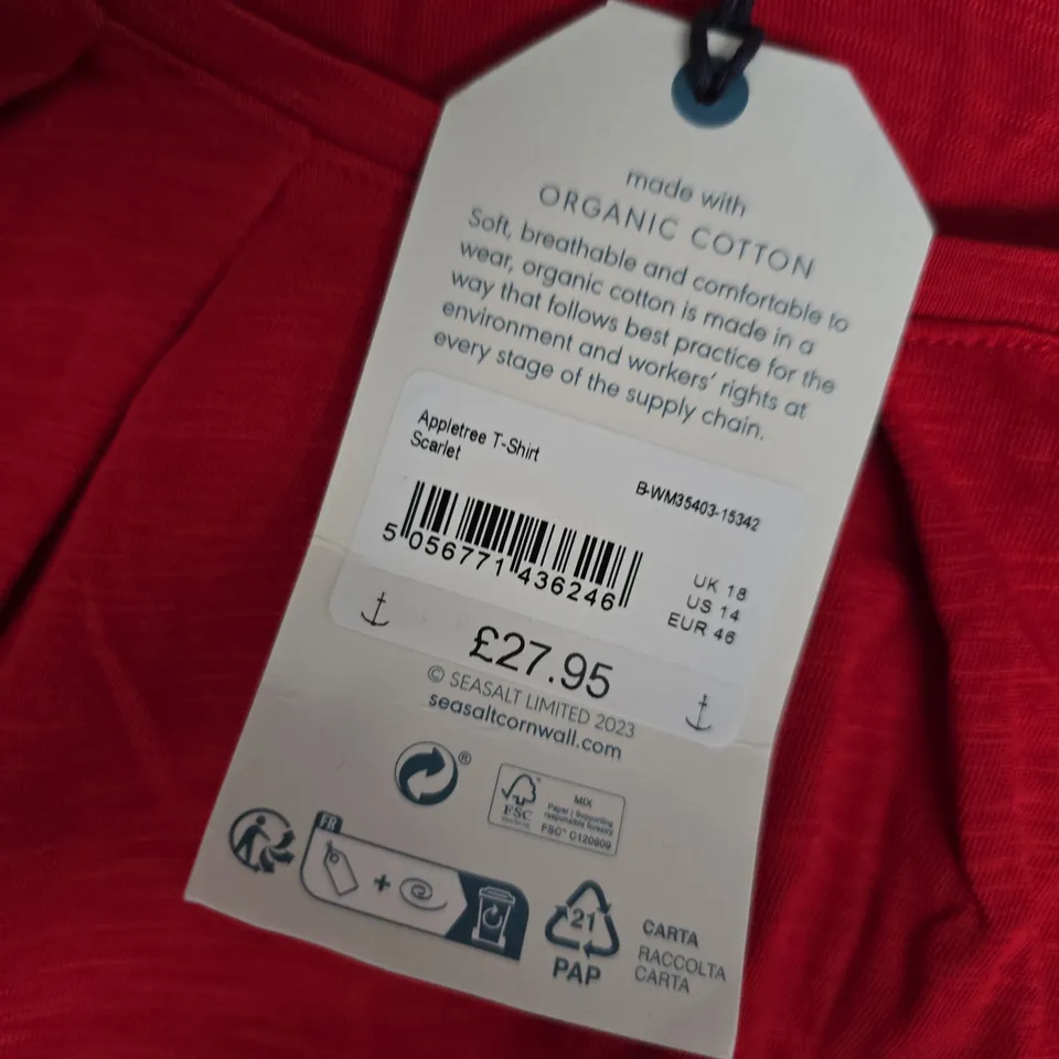 SEASALT CORNWALL APPLETREE T-SHIRT - RED, ORGANIC COTTON, UK 18 (EU 46, US 14)