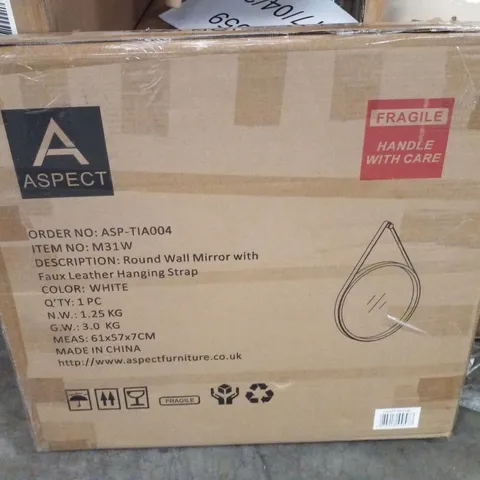 BOXED ASPECT ROUND WALL MIRROR WITH FAUX LEATHER HANGING STRAP