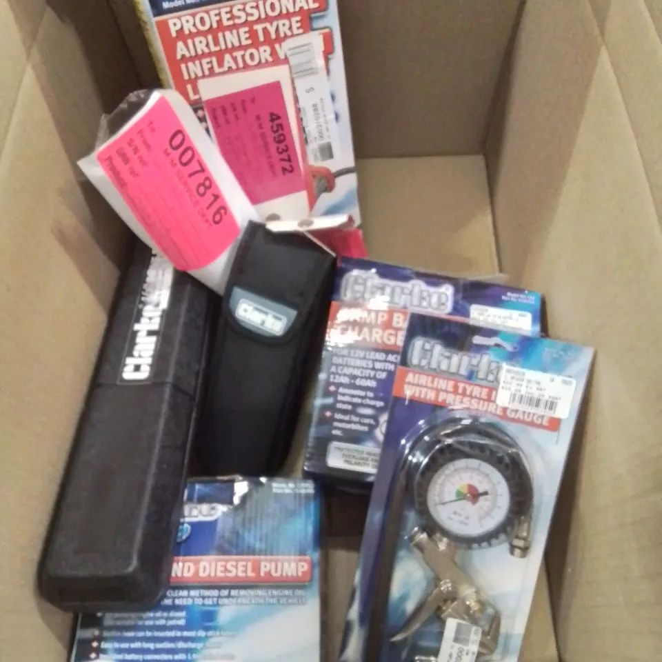 BOX OF MIXED TOOLS TO INCLUDE: TYRE PRESSURE GAUGE, TYRE INFLATOR, OIL AND DIESEL PUMP ETC.