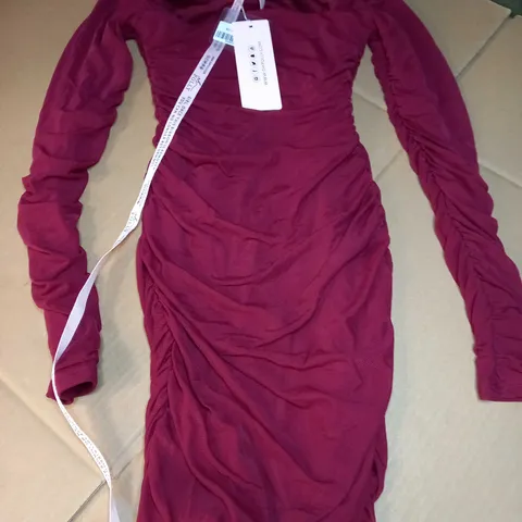 OH POLLY BURGUNDY RUCHED SQUARED NECK MIDI DRESS - SIZE 6