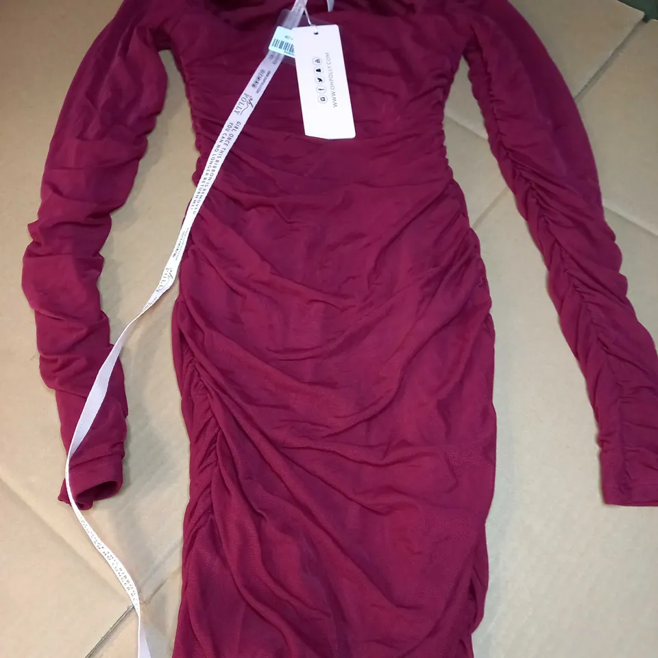 OH POLLY BURGUNDY RUCHED SQUARED NECK MIDI DRESS - SIZE 6
