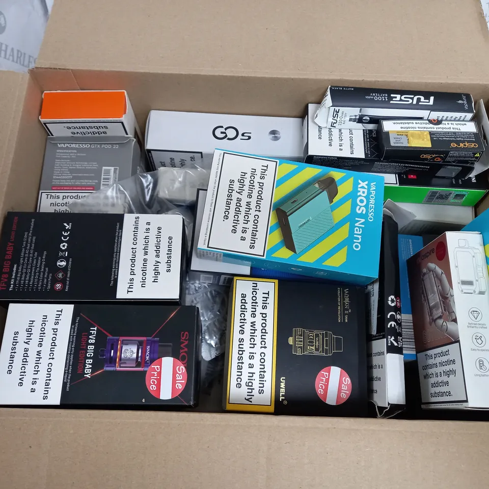 BOX OF 40 ASSORTED E-CIGARATTES TO INCLUDE SMOKEX , ASPIRE, AND VAPOO MINI'S ETC.