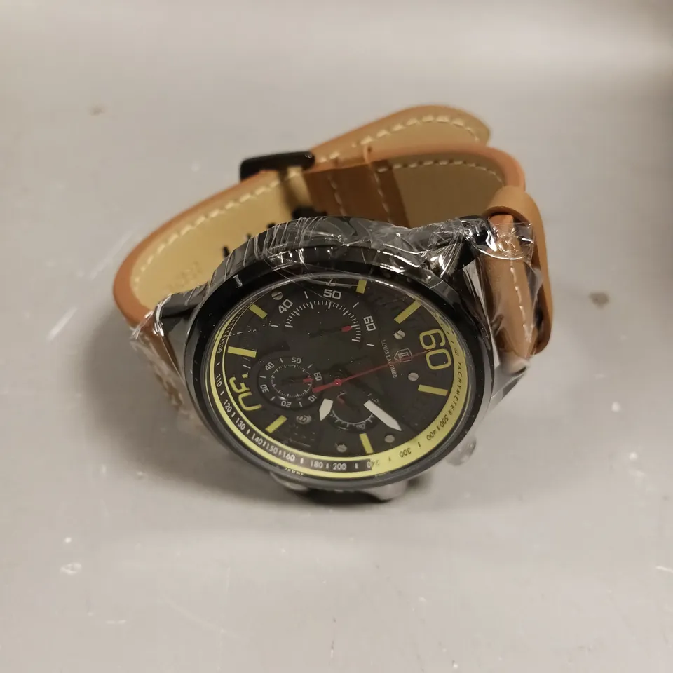 MENS LOUIS LACOMBE CHRONGRAPH WATCH – 3 SUB DIALS – BLACK CASE – LEATHER STRAP