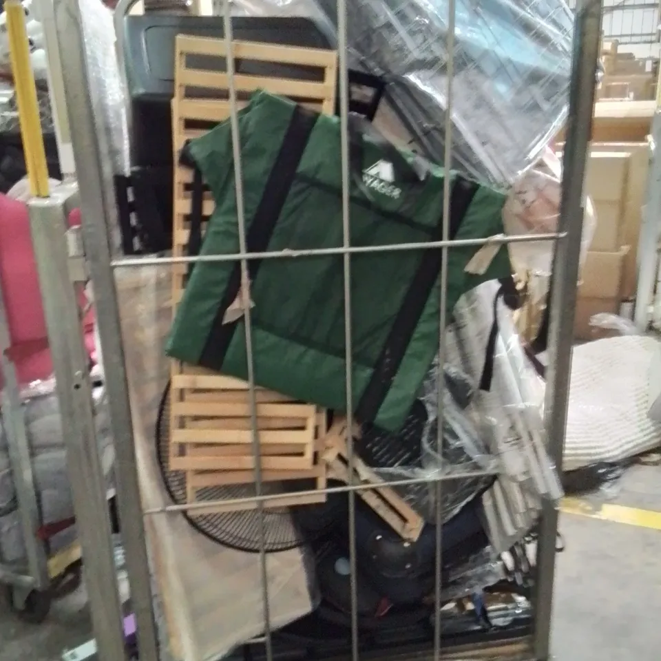 CAGE OF ASSORTED HOUSEHOLD GOODS AND PRODUCTS TO INCLUDE;DOG CAGE,SUITCASE,BIKE HELMET,AIR FRYER