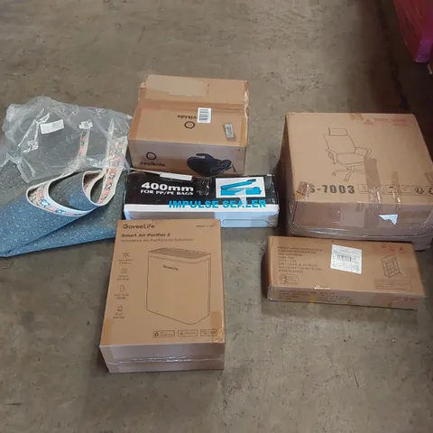 PALLET OF ASSORTED ITEMS INCLUDING: OFFICE CHAIR, GOVEELIFE SMART AIR PURIFIER 2,  IMPULSE SEALER, SMALL END TABLE, BOOSTER SEAT, RUG ECT
