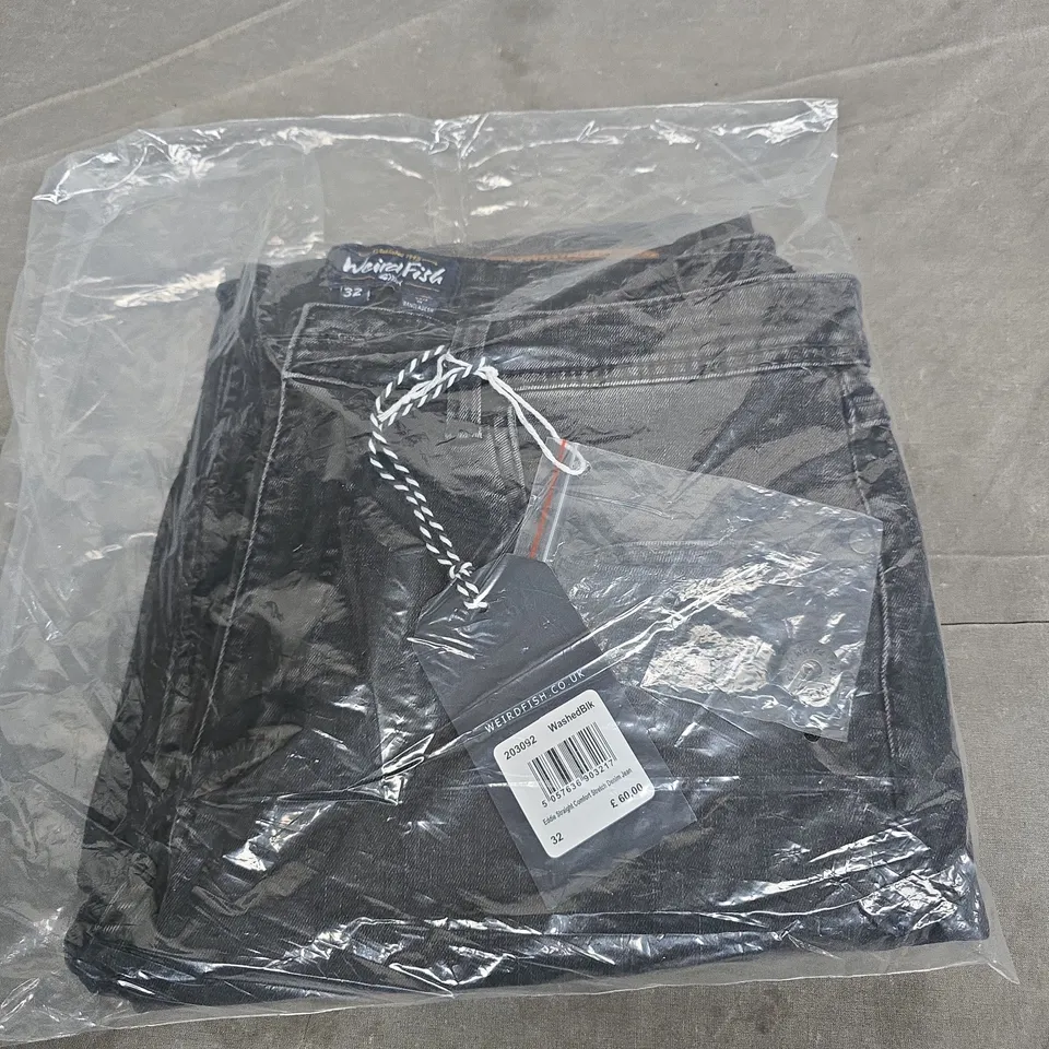 WEIRD FISH EDDIE STRAIGHT COMFORT STRETCH DENIM JEANS – WASHED BLACK, UK 32