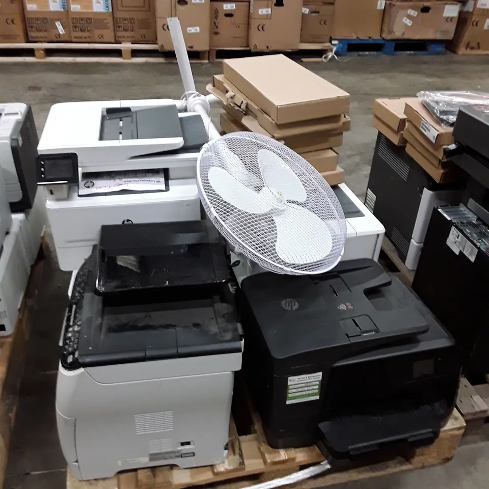 PALLET OF ASSORTED OFFICE EQUIPMENT INCLUDING PRINTERS, KEYBOARDS & PEDESTAL FAN