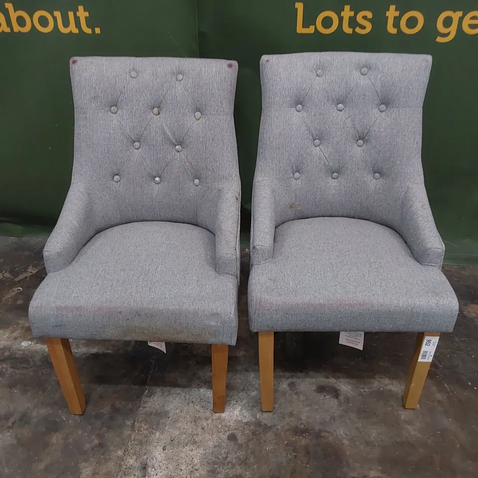 PAIR UPHOLSTERED BUTTONED BACK DINING CHAIRS GREY FABRIC ON NATURAL WOOD LEGS 