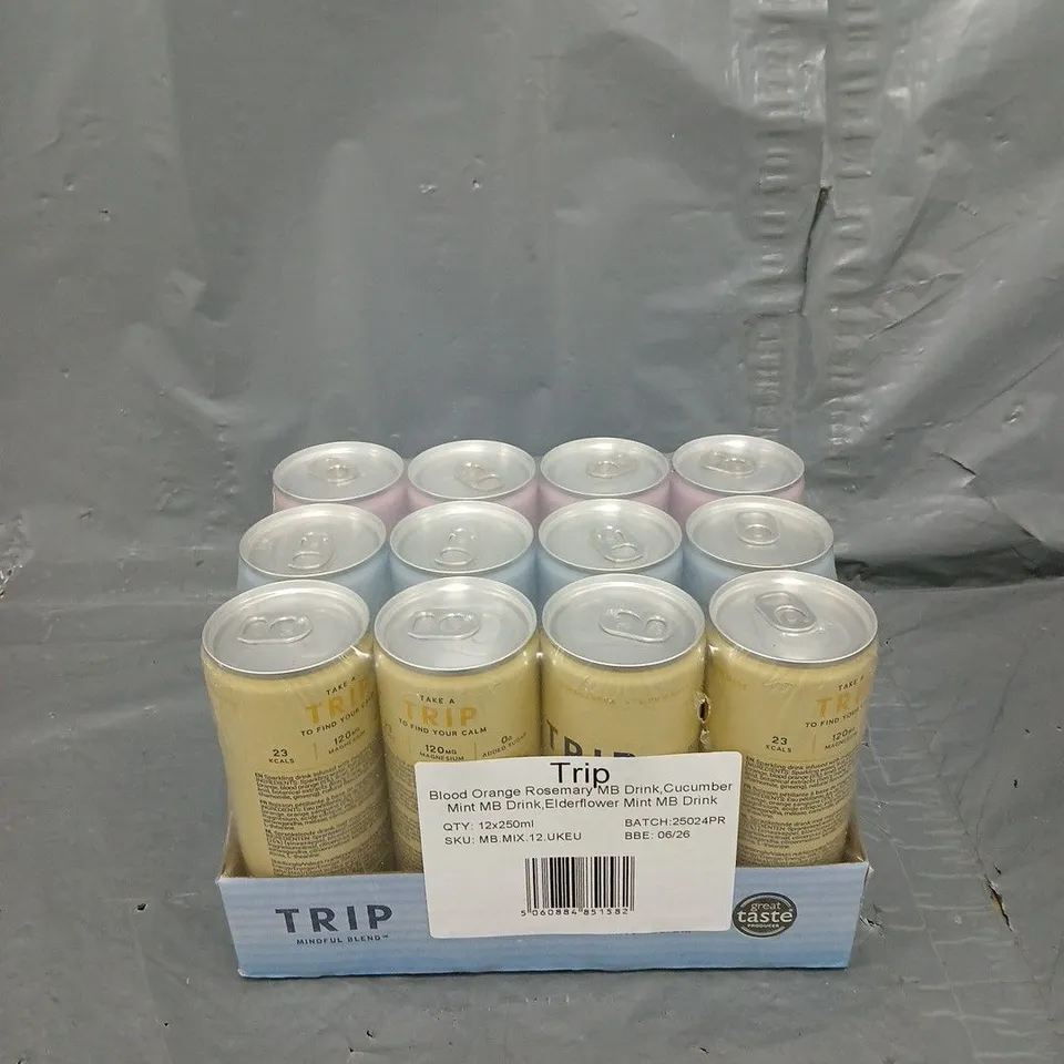 TRIP 12 PACK BLOOD ORANGE ROSEMARY, CUCUMBER MINT, ELDERFLOWER MINT 250ML 
