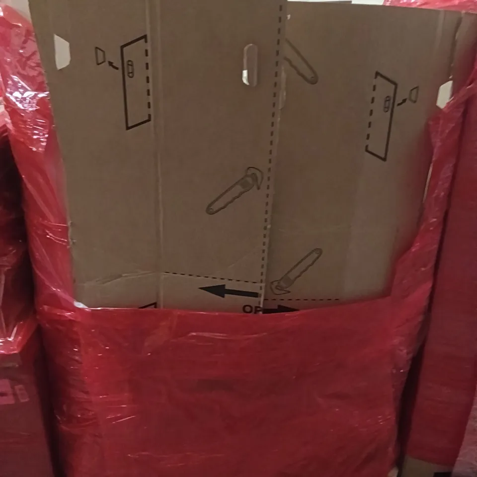 PALLET OF ASSORTED HOUSEHOLD GOODS AND PRODUCTS TO INCLUDE; TOWER FAN, BOXED FURNITURE ETC