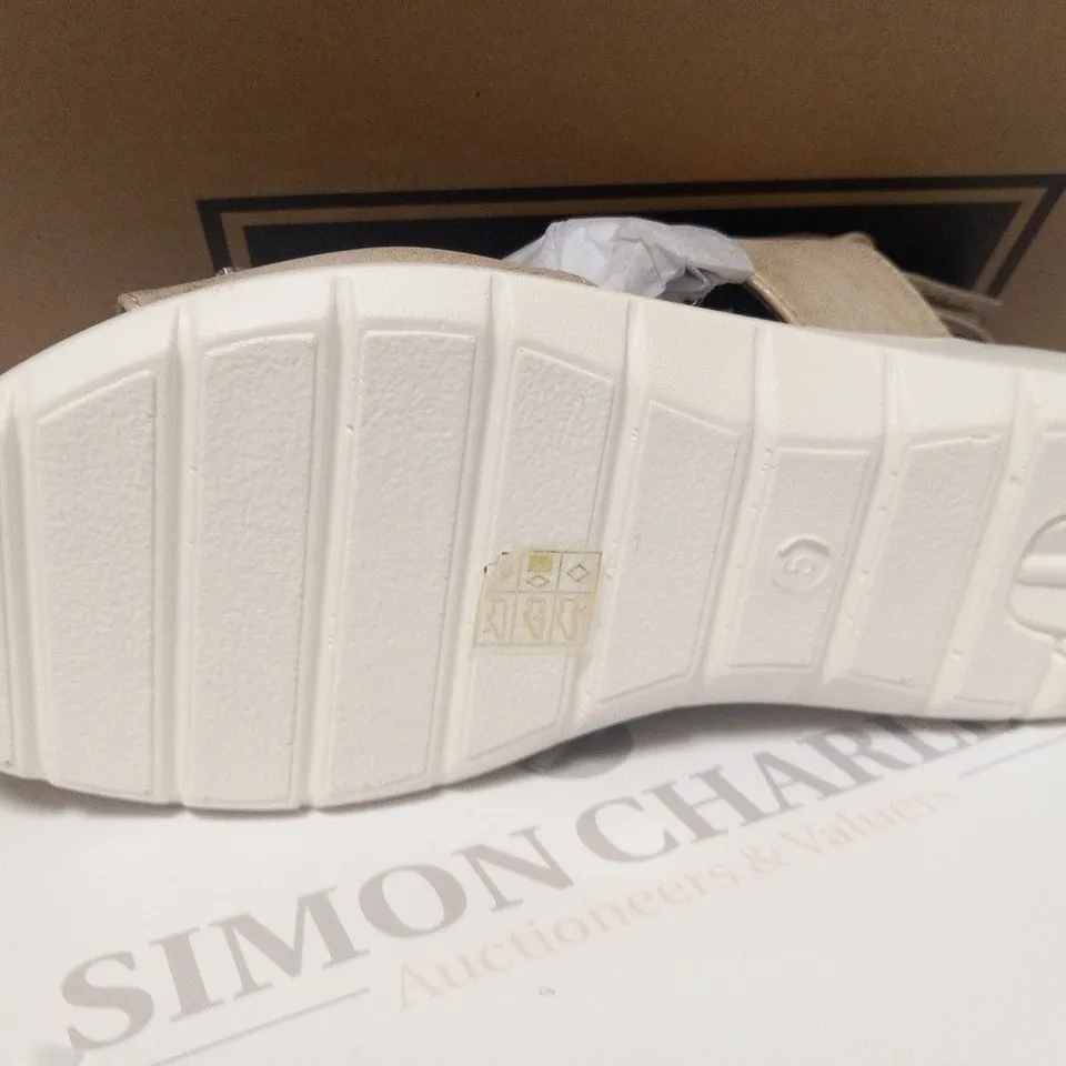 BOXED PAIR OF CUSHION WALK JEWELLED SANDALS IN GOLD - SIZE 5