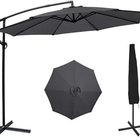 BOXED ZEALWE GARDEN PARASOL UMBRELLA, 3M CANTILEVER PATIO PARASOL WITH COVER AND CRANK HANDLE, DARK GREY