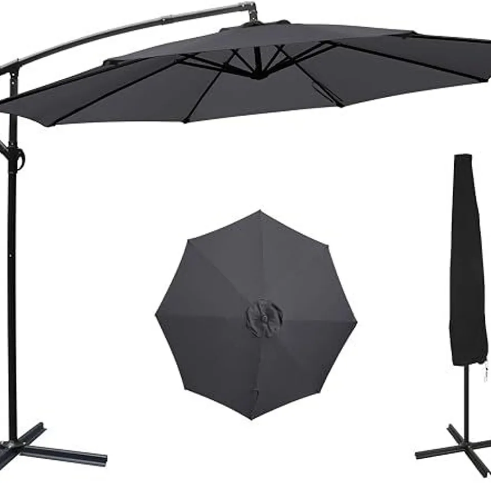 BOXED ZEALWE GARDEN PARASOL UMBRELLA, 3M CANTILEVER PATIO PARASOL WITH COVER AND CRANK HANDLE, DARK GREY