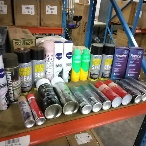 4 TRAYS OF ASSORTED ITEMS TO INCLUDE: NIVEA BLACK&WHITE ORIGINAL, CAR-PRIDE UNDER BODY SEAL, IMPULSE DEODERANT, DEEP HEAT, REGAINE FOR WOMEN, COLAB DRY SHAMPOO ETC