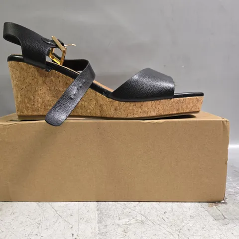 BOXED PAIR OF WHERE'S THAT FROM OPEN TOE WEDGE SANDALS IN BLACK SIZE UK 8
