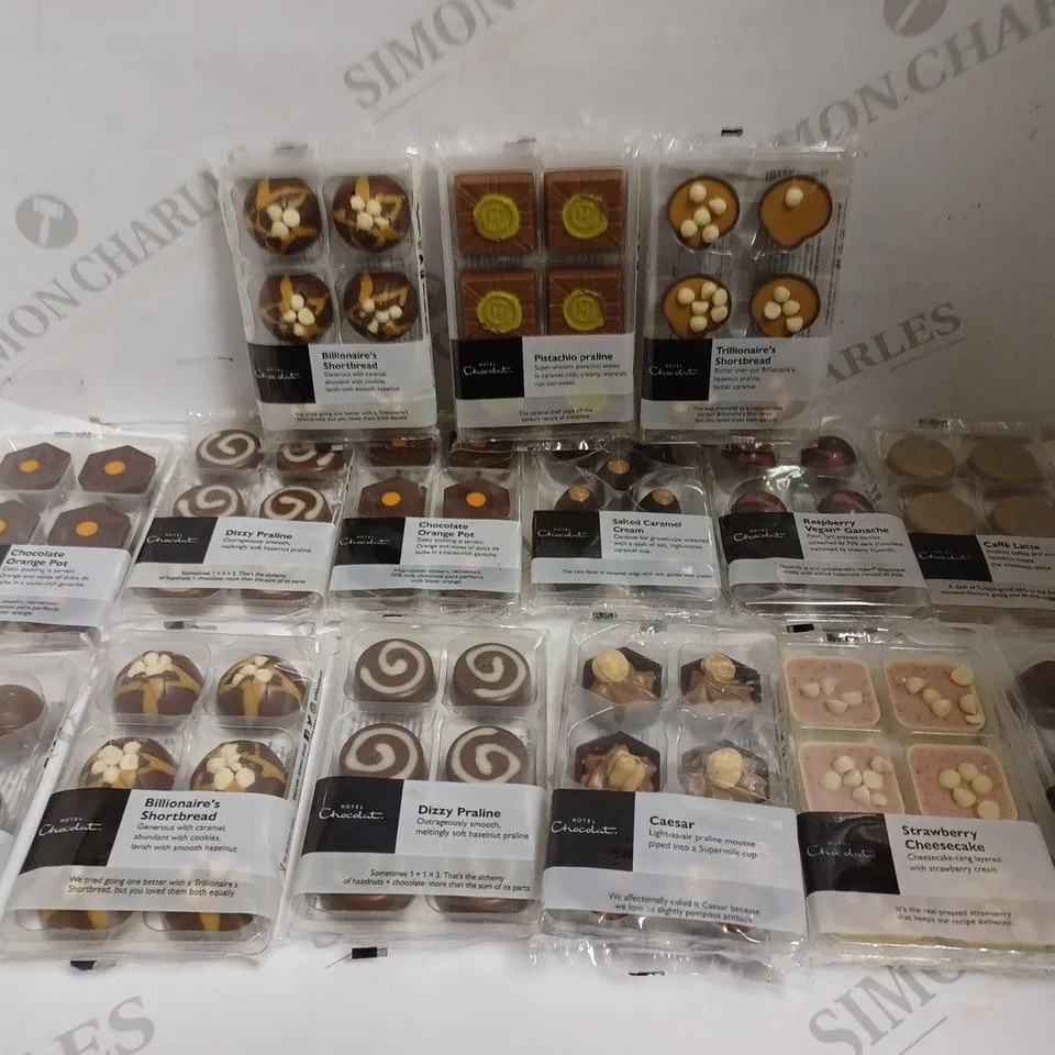 APPROXIMATELY 15 HOTEL CHOCOLAT CHOCOLATE SELECTIONS IN VARIOUS FLAVOURS TO INCLUDE DIZZY PRALINE, ORANGE POT, TRILLIONAIRES SHORTBREAD ETC 