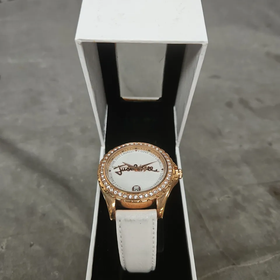 JUST CAVALLI TIME WATCH – WHITE LEATHER STRAP, ROSE GOLD CASE WITH CRYSTAL BEZEL 