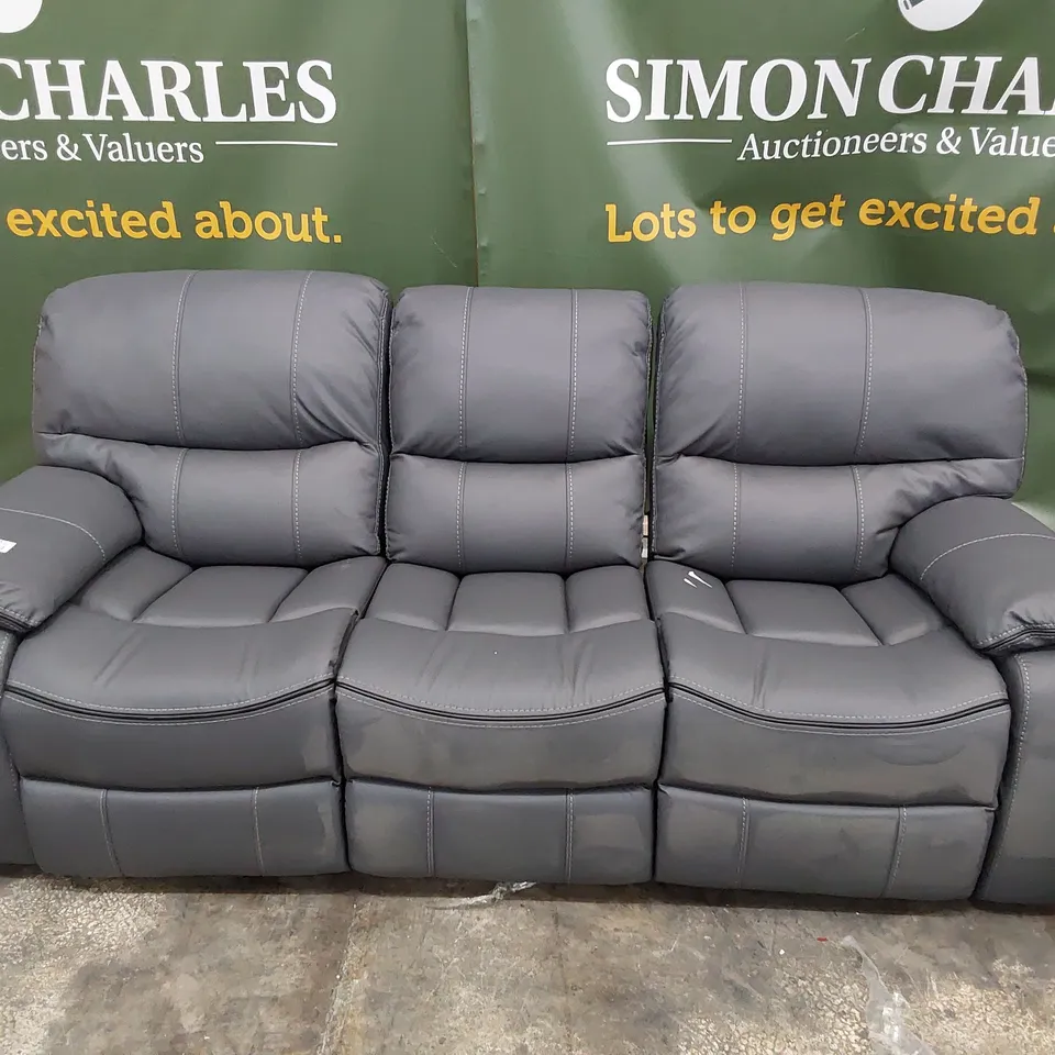 DESIGNER MANUAL RECLINING THREE SEATER SOFA GREY LEATHER WITH BLACK PIPING & FEATURED STITCHING 