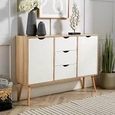 BOXED HOME SOURCE BODEN 2 DOOR 3 DRAWER WHITE AND OAK EFFECT SIDEBOARD (1 BOX)