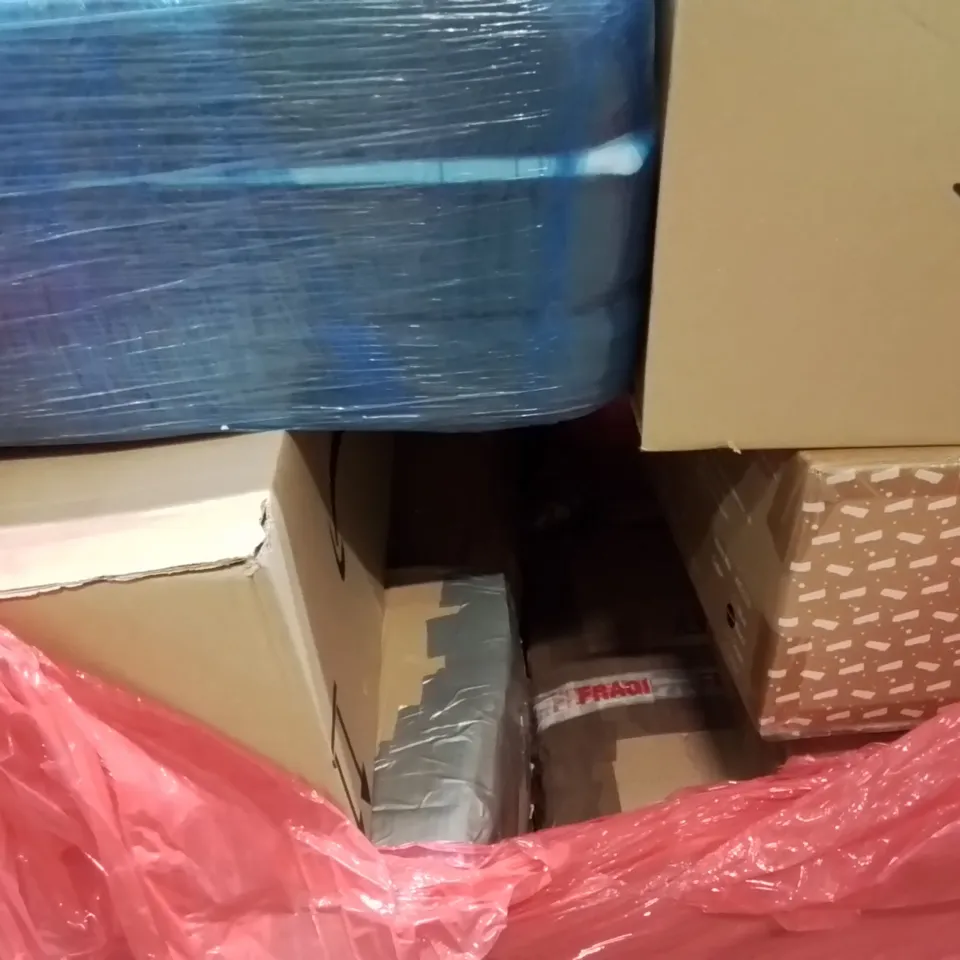PALLET CONTAINING VARIOUS ASSORTED BOXED HOUSEHOLD ITEMS TO INCLUDE: SMART AIR PURIFIER, DINING TABLE, FOLD OUT FOAM BED AND LOTS MORE UNMARKED BOXED ITEMS 