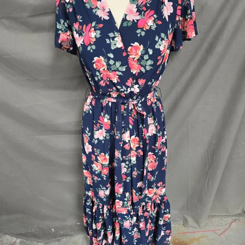 APRICOT PAINTERLY ROSES WRAP DRESS IN NAVY FLORAL SIZE XS
