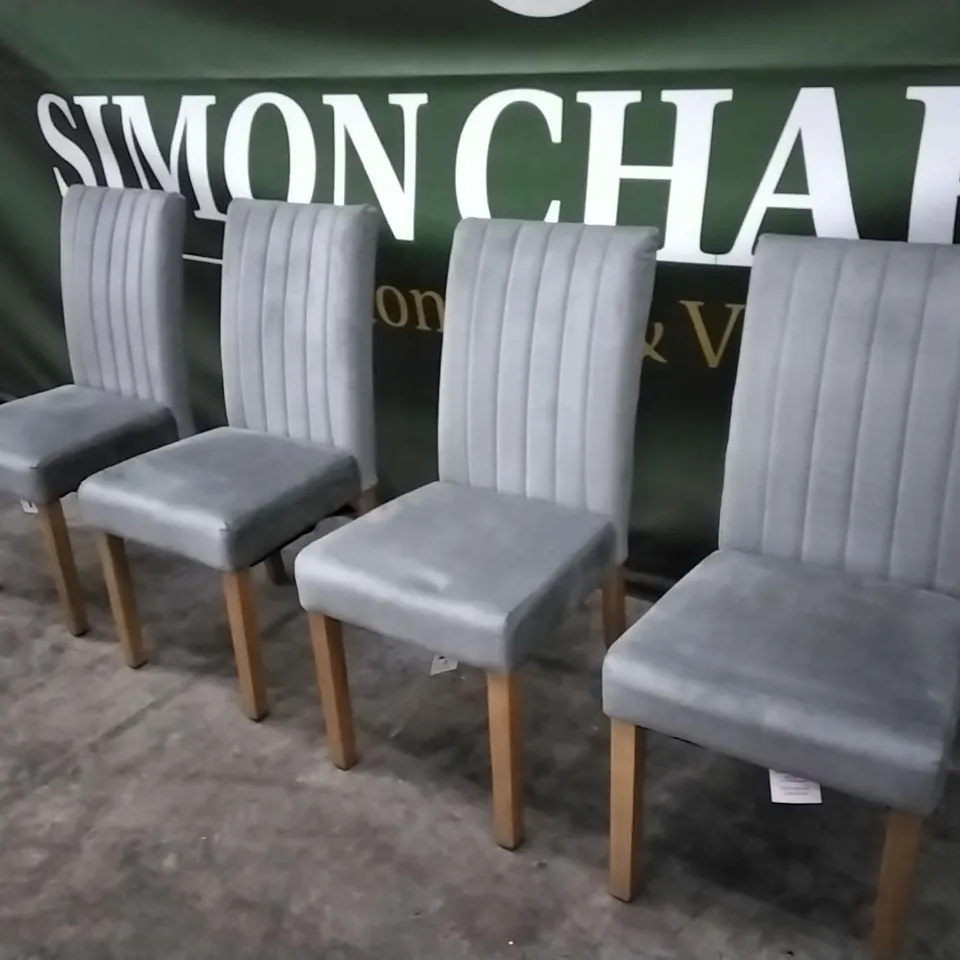 SET OF 4 DESIGNER SALISBURY DINING CHAIRS IN CLASSIC GREY VELVET AND OAK SOLID HARDWOOD LEGS
