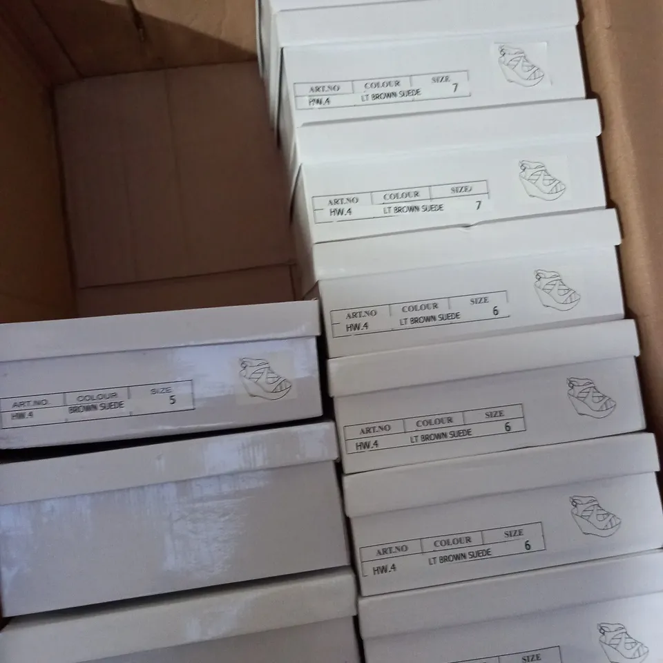 APPROXIMATELY 10 BOXED PAIR OF KOI BROWN SUEDE WEDGE SANDALS IN VARIOUS SIZES TO INCLUDE SIZE 5 