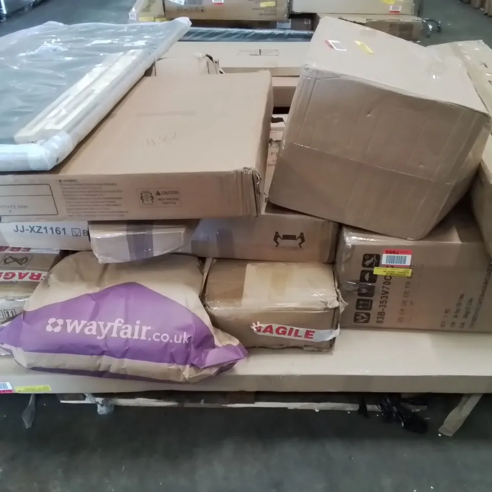 PALLET CONTAINING VARIOUS INCOMPLETE BOXED FURNITURE PARTS AND OTHER HOUSEHOLD ITEMS ETC.