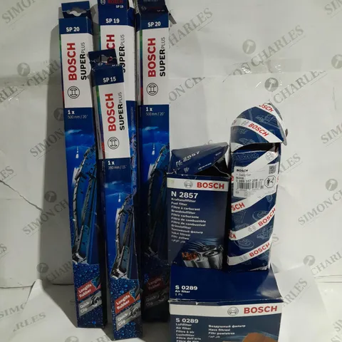 APPROXIMATELY 7 ASSORTED BOSCH CAR PARTS TO INCLUDE AIR FILTER S 0289, FUEL FILTER N 2857, SUPER PLUS WIPERS SP20 ETC. 