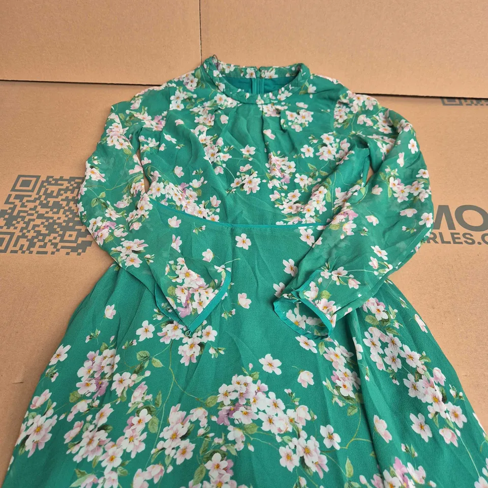 HOBBS TEAL GREEN FLORAL PRINT DRESS WITH LONG SLEEVES - SIZE 8