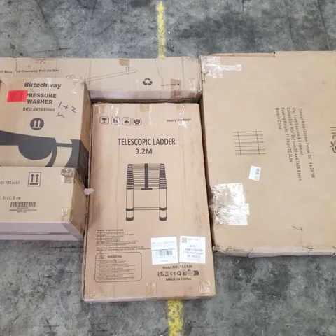 PALLET CONTAINING ASSORTED PRODUCTS INCLUDING WALL MOUNTED DOORWAY PULL UP BAR, PRESSURE WASHER, STORAGE CASE, TELESCOPIC LADDER & METAL GARDEN FENCE