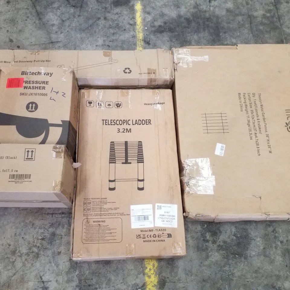 PALLET CONTAINING ASSORTED PRODUCTS INCLUDING WALL MOUNTED DOORWAY PULL UP BAR, PRESSURE WASHER, STORAGE CASE, TELESCOPIC LADDER & METAL GARDEN FENCE