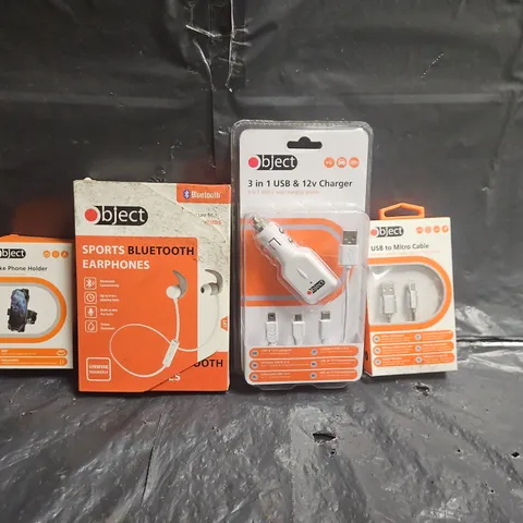 BOX OF APPROXIMATELY 20 OBJECT ELECTRICAL PRODUCTS TO INCLUDE CHARGING CABLES, EARPHONES AND BIKE PHONE HOLDERS