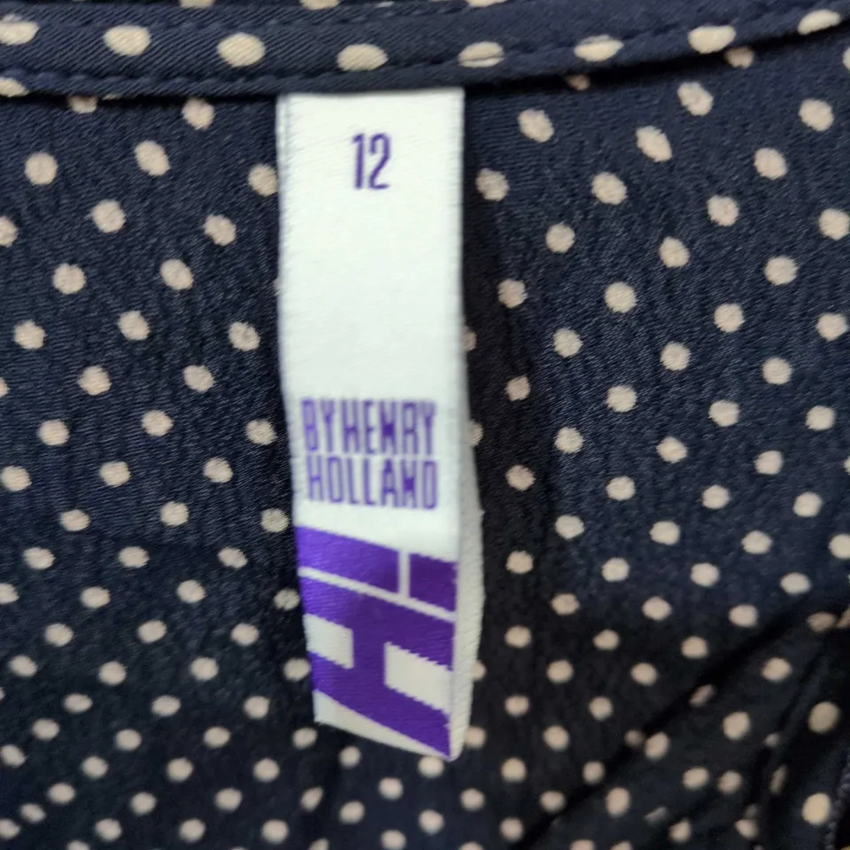 BY HENRY HOLLAND NAVY POLKA DOT DRESS WITH PEARL COLLAR, UK 12