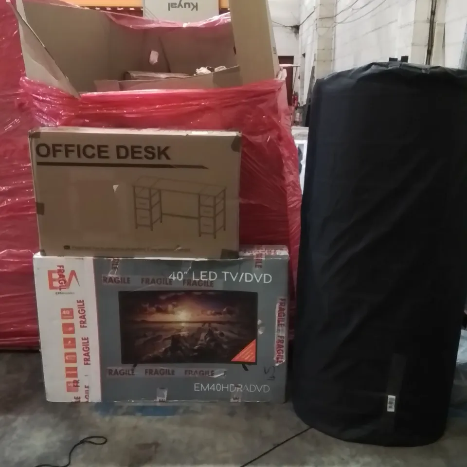PALLET OF ASSORTED HOUSEHOLD GOODS AND PRODUCTS TO INCLUDE;40" LED TV/DVDPLAYER,OFFICE DESK,LARGE DOGBED 