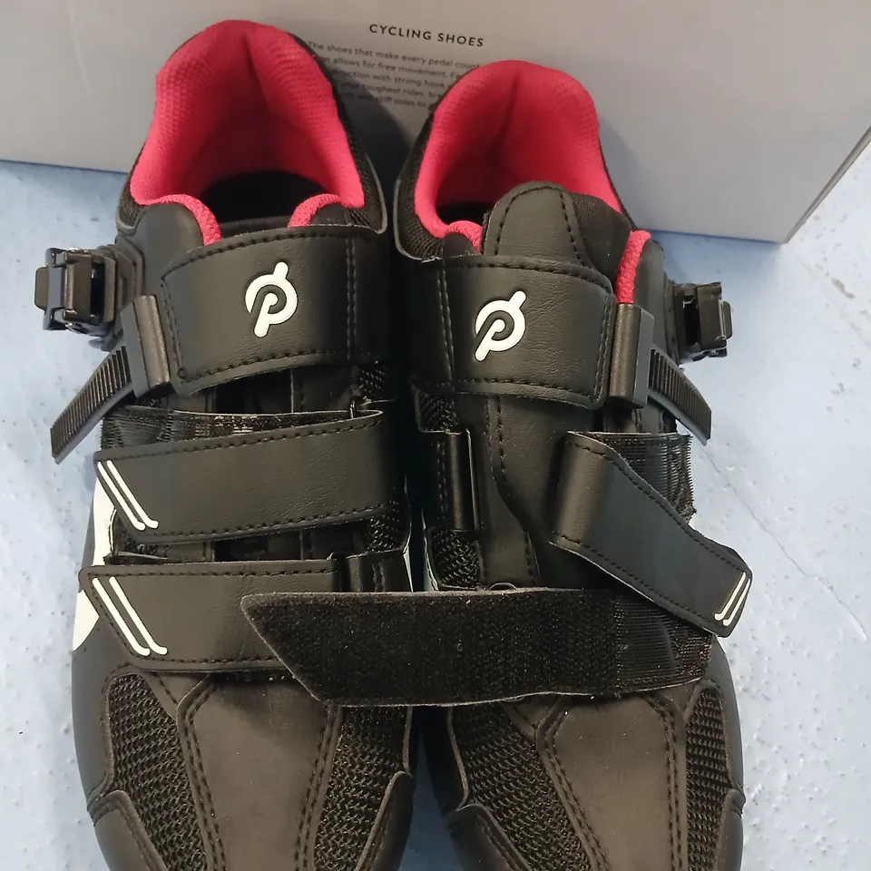 PELOTON CYCLING SHOES – BLACK WITH RED INTERIOR, VELCRO STRAPS USED SIZE 42