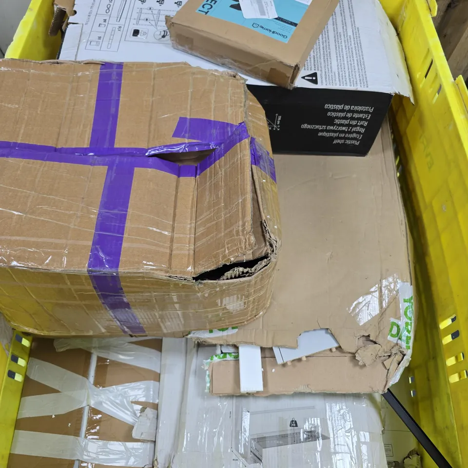 PALLET OF APPROXIMATELY 10 ASSORTED DAMAGED FURNITURE ITEMS TO INCLUDE MAGNETIC STORAGE BOXES, PLASTIC SHELF, DRAWERS, ETC - COLLECTION ONLY