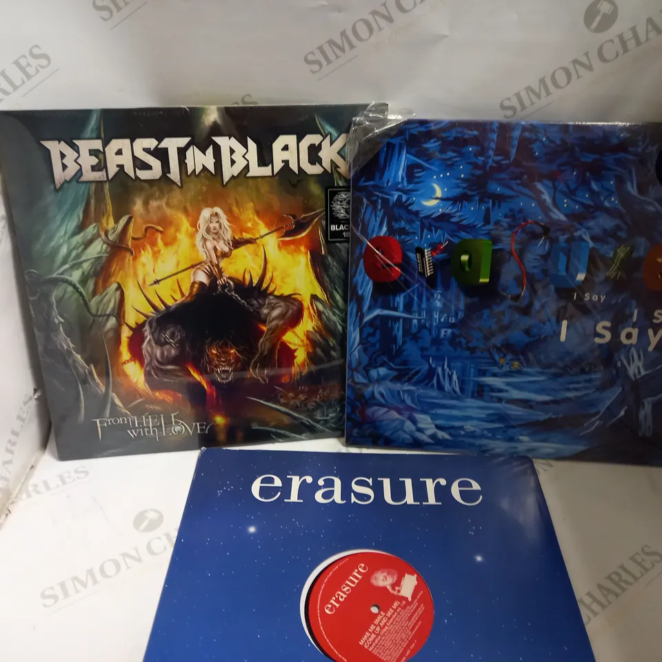BOX OF APPROX 10 VINYLS INCLUDING ERASURE FREEDOM, BEAST IN BLACK AND ERASURE I SAY