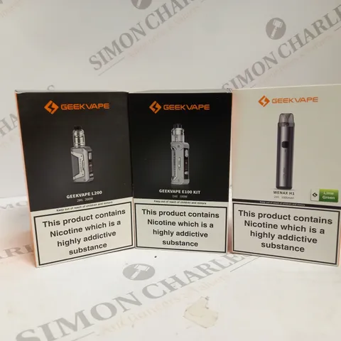 APPROXIMATELY 20 ASSORTED BOXED GEEKVAPE VAPING PRODUCTS TO INCLUDE L200, E100 KIT, WENAX H1 ETC.