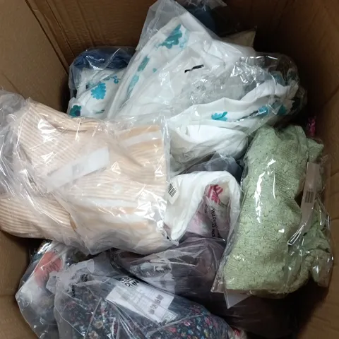 BOX OF APPROXIMATELY 25 ASSORTED CLOTHING ITEMS IN VARIOUS STYLES , COLOURS AND SIZES 