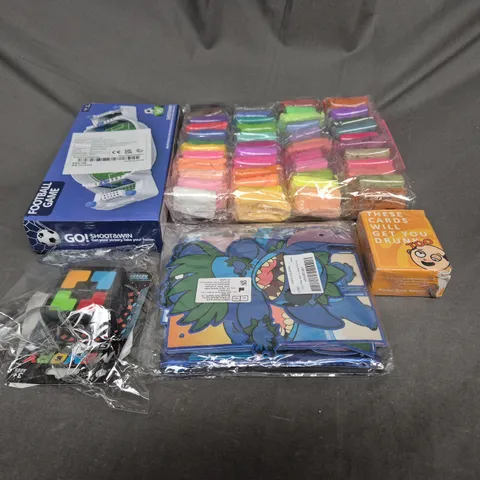 BOX OF APPRO 10 ASSORTED TOYS AND GAMES TO INCLUDE CARD GAMES, CLAY AND STITCH DECORATIONS