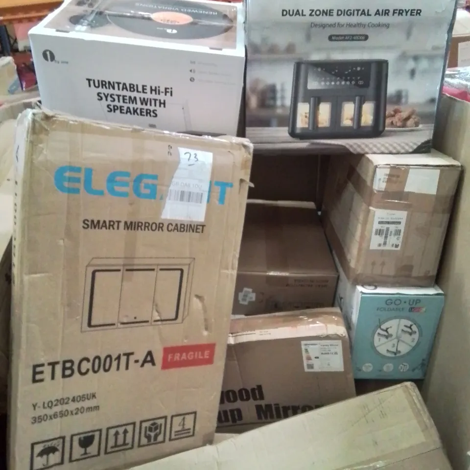 PALLET CONTAINING VARIOUS ASSORTED ITEMS TO INCLUDE: SMART MIRROR CABINET, DUAL ZONE AIR FRYER, TURNTABLE AND SPEAKER SYSTEM, LIGHT UP KIDS SCOOTER AND LOTS MORE UNMARKED BOXED ITEMS 