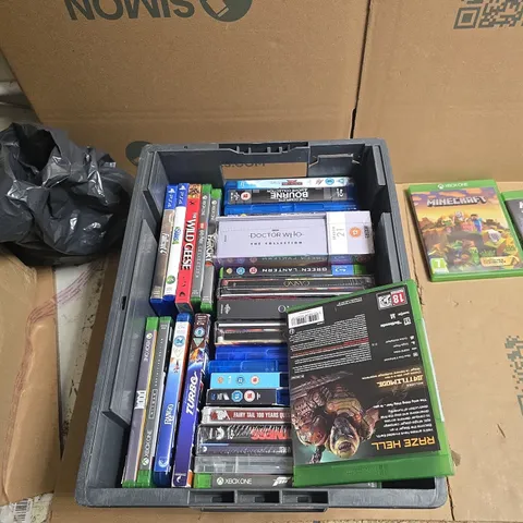 TOTE OF APPROXIMATELY 25 ASSORTED GAMES/DVDS TO INCLUDE: MINECRAFT XBOX ONE