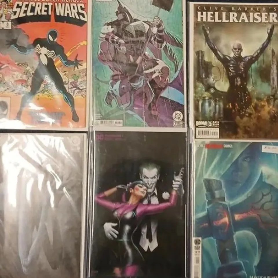 SIX ASSORTED COMICS TO INCLUDE; JOE HILL HOUSE COMICS, BATMAN, PUNCHLINE, MARVEL SUPER HEROES SECRET WARS AND HELLRAISER