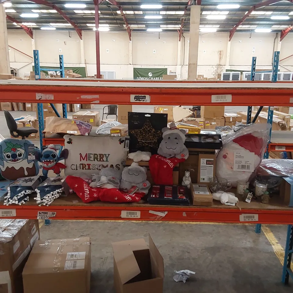 LARGE ASSORTMENT OF CHRISTMAS PRODUCTS TO INCLUDE; CANDLES, STOCKINGS, TREE SKIRTS, CUSHIONS ETC