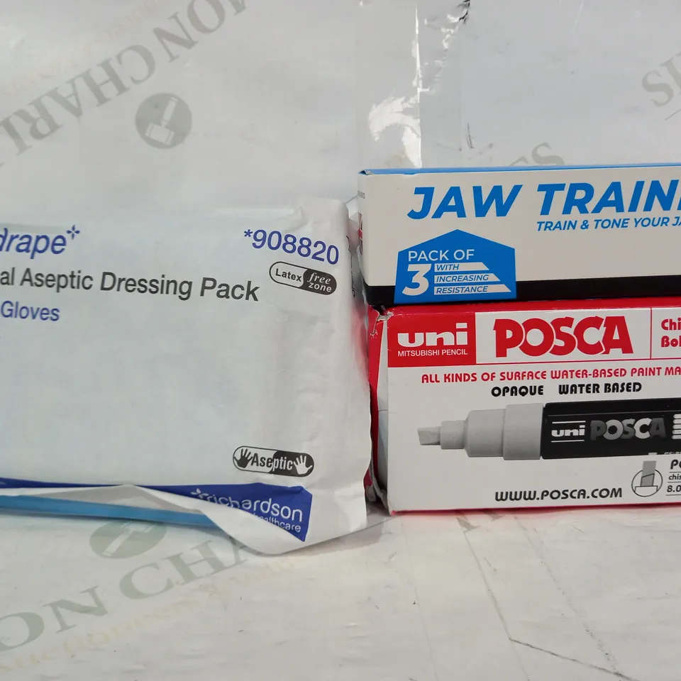 BOX OF APPROXIMATELY 10 ASSORTED HOUSEHOLD ITEMS TO INCLUDE VORSPRUNG JAW TRAINER, POSCA WATER-BASED PAINT MARKER, SOFTDRAPE UNIVERSAL ASEPTIC DRESSING PACK MEDIUM GLOVES, ETC
