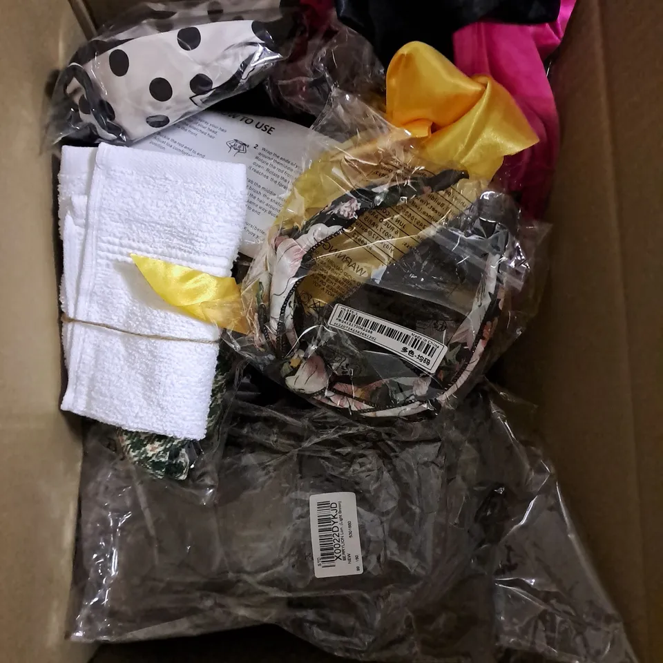 BOX OF APPROXIMATELY 15 ASSORTED COSMETIC HAIR PRODUCTS TO INCLUDE - WIGS - HAIR ACCESSORIES - HAIR WRAP - ETC