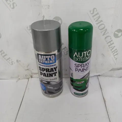 LARGE BOX OF APPROXIMATELY 30 AEROSOLS TO INCLUDE AUTO EXTREME SPRAY PAINT SILVER BODY, AND AUTO EXTREME SPRAY PAINT RACING GREEN - COLLECTION ONLY